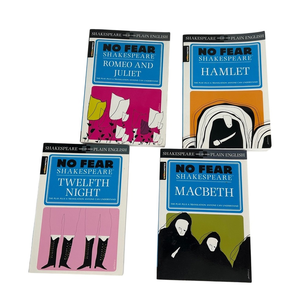 No Fear Shakespeare Book Lot Romeo and Juliet Hamlet Macbeth Twelfth Night 4 Pk